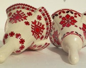 Vintage Red, Black & White Porcelain Bells Ukrainian Arts by K.M. - RenewedFinds