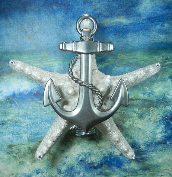 Nautical Christmas Tree Topper Silver Sea Anchor Pearly Crystal Starfish Holiday Tree Topper