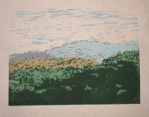 Mountains landscape view linocut reduction print by VideoUnit12