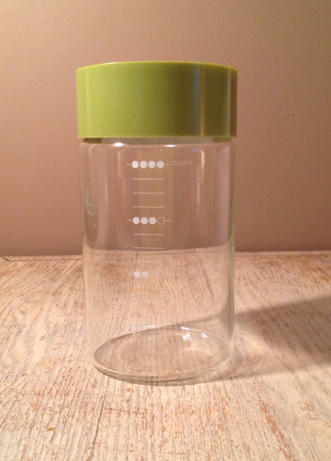 Vintage Pyrex Storage Canister with Measurements - Avocado Green Lid - 4 cup canister - PackandAlleys