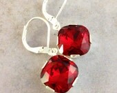 Red crystal earrings. Silver drop earrings. Leverback earrings. Classic ruby red earrings. Siam Swarovski crystal. Square earrings. Faceted. - GemsByKelley