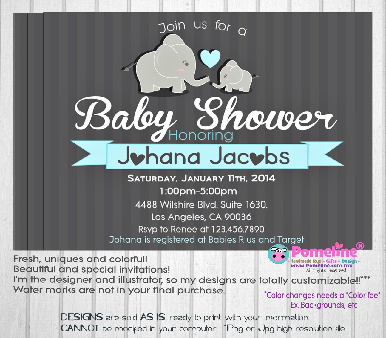 Printable Elephant baby shower invitation. Digital Baby boy shower invitation. It's a boy! Baby shower invitation Any occasion, any wording!