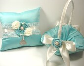 Personalized Ring Bearer Pillow and Flower Girl Basket in Tiffany Blue with Rolled Roses, Pearls and Rhinestones