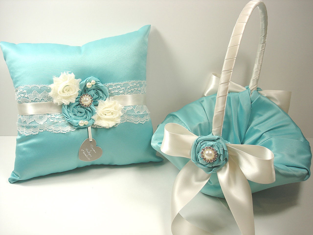 Personalized Ring Bearer Pillow and Flower Girl Basket in Tiffany Blue with Rolled Roses, Pearls and Rhinestones