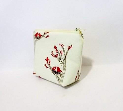 Zipper Pouch  Medium Pouch Cosmetic Bag Pencil Case - Red Bird in Tree - handjstarcreations