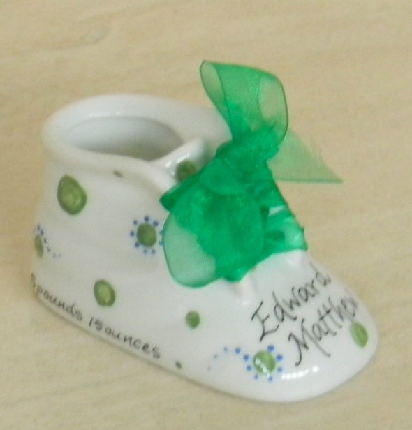 Porcelain custom personalized baby shoe hand painted by Jrisco