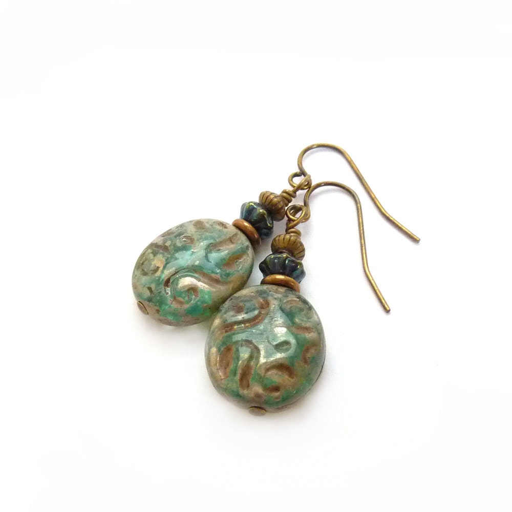 Aqua Blue Drop Earrings - Picasso Finished Glass Ovals - Etched Glass - Dangle Earrings - Bohemian Earrings - RockStoneTreasures
