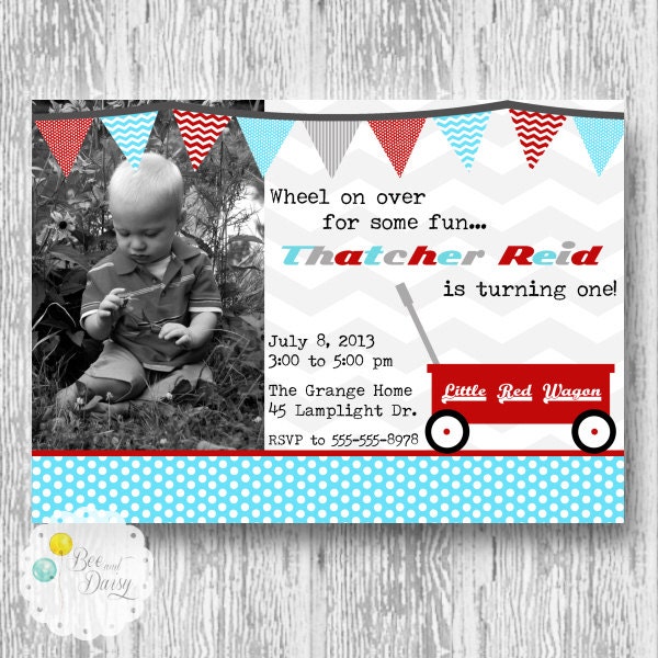 Little Red Wagon Invitation for Birthday Party or Baby Shower - Boys DIY Vintage Printable Photo Invite by BeeAndDaisy Il_570xn