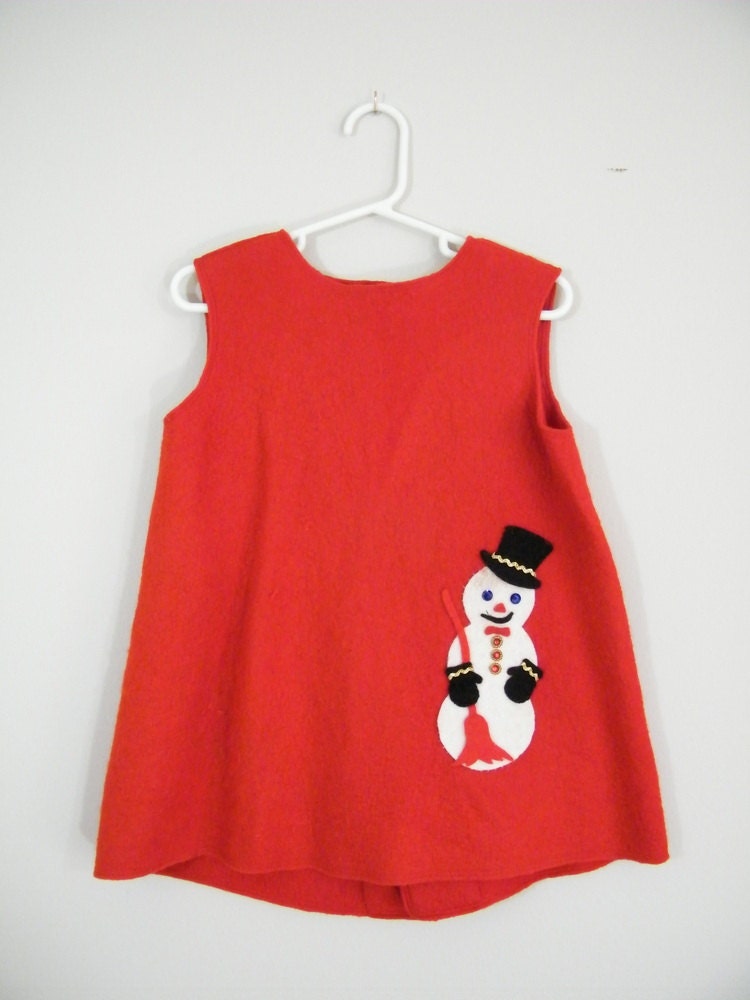 Vintage 1960s Girls Winter Dress  Red Felt  Snowman  Christmas ...