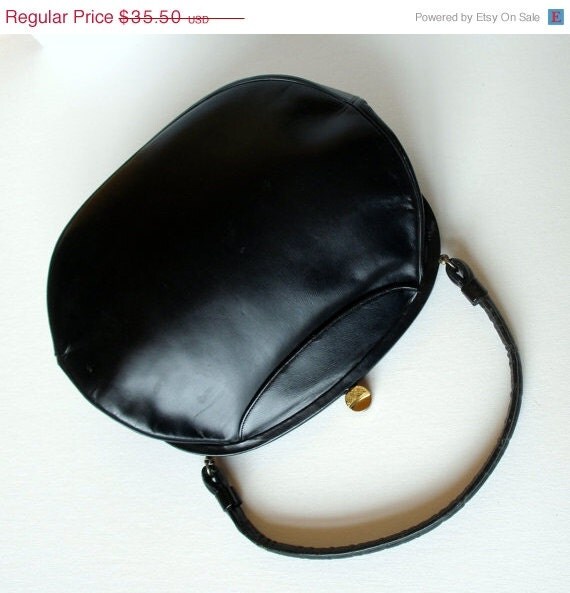ON SALE Black Leather Handbag Vintage 1950s Purse by retrogroovie