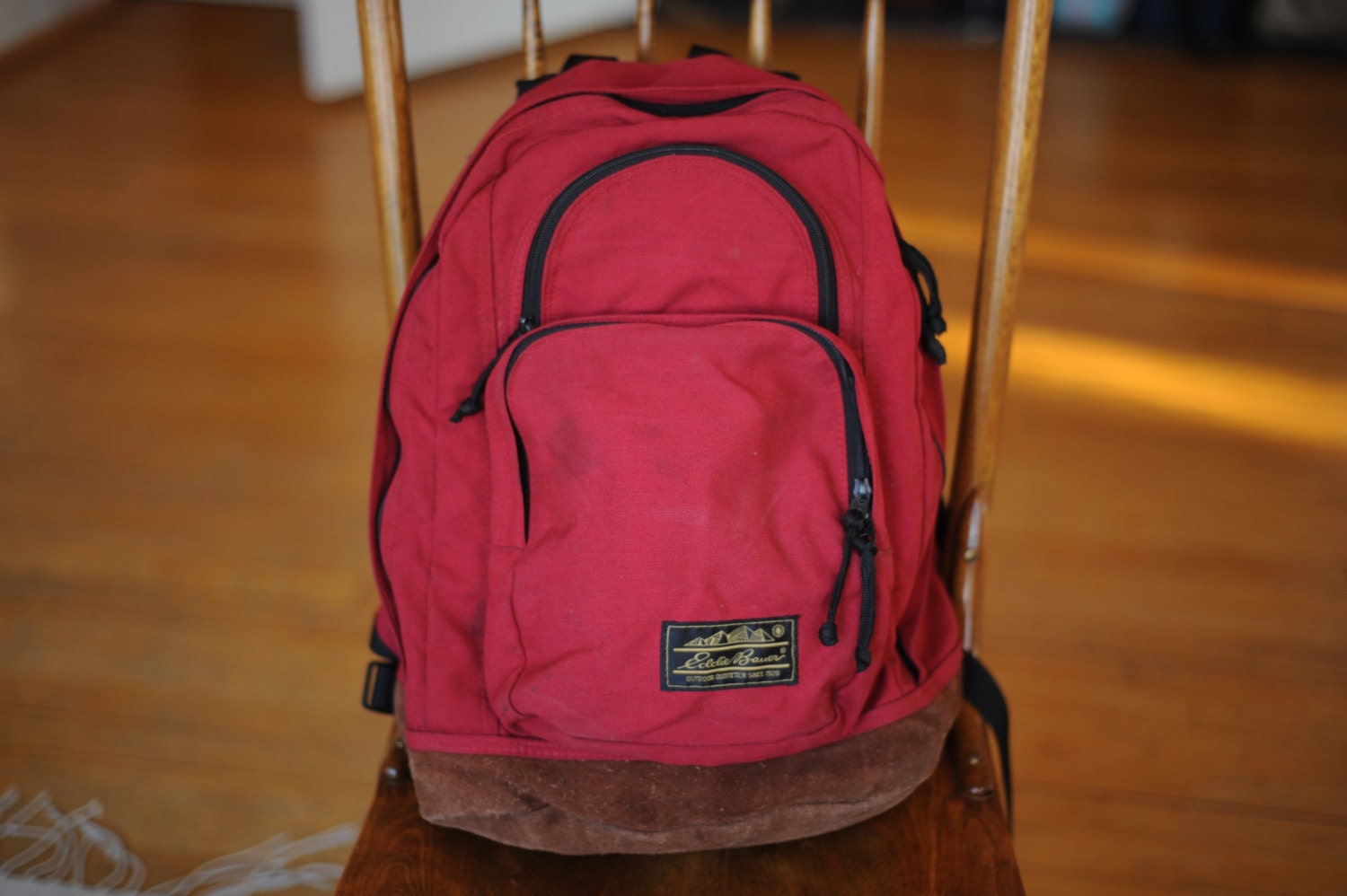 Vintage Eddie Bauer Red Canvas Backpack with Leather by TheOldWell
