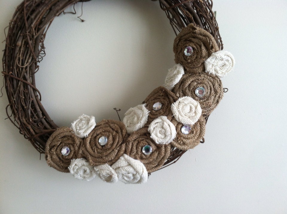 Large Ivory and Natural Tan Burlap Flower and Gem All Season Removable Wreath Attachment