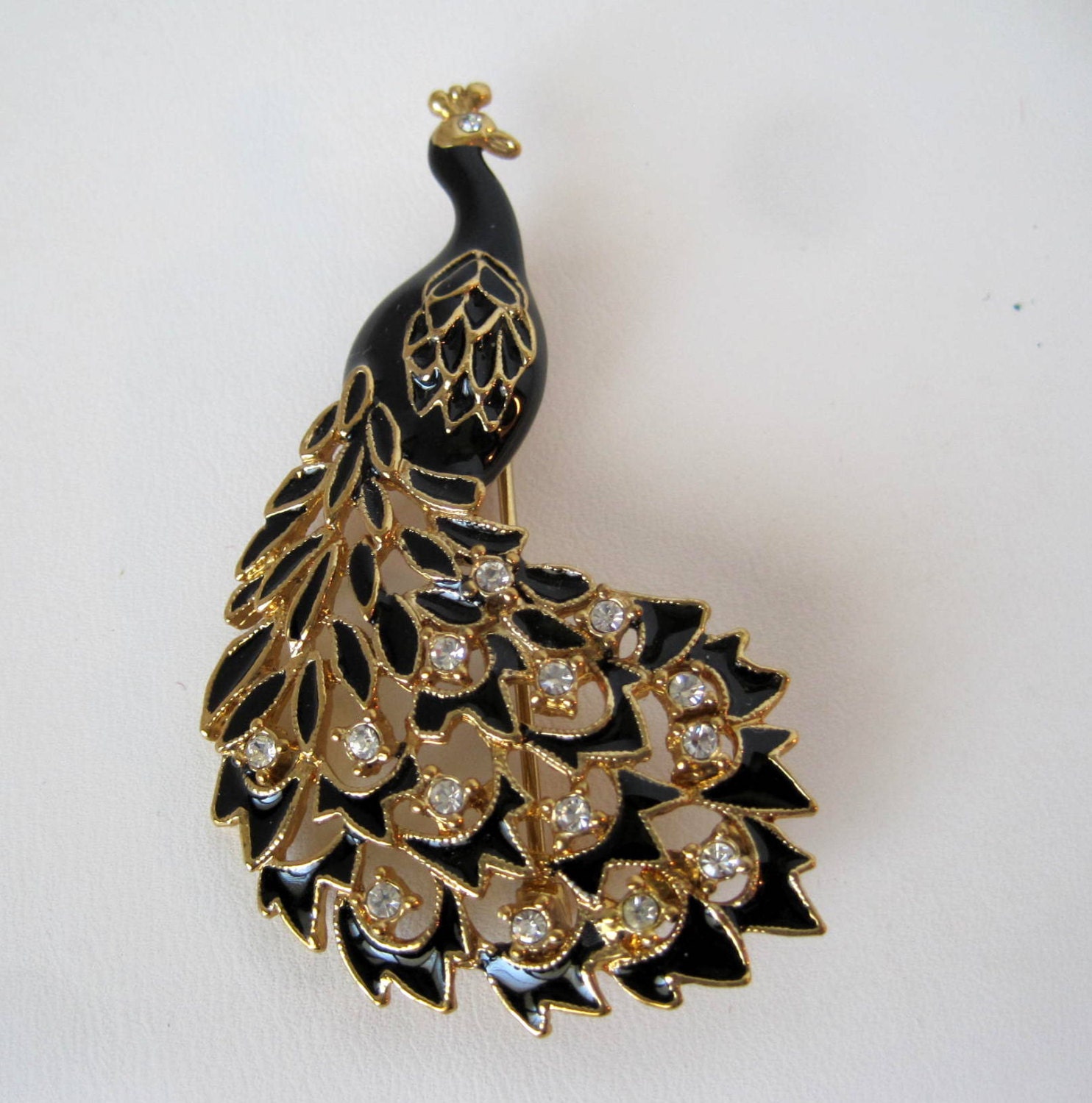 Vintage Black Enamel Rhinestone Peacock Brooch by VintagObsessions