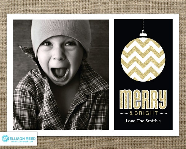 Glitter Christmas Photo Card - Chevron Christmas Photo Card - Holiday Photo Card - Christmas Printable Card - Merry and Bright - Gold Il_570xn