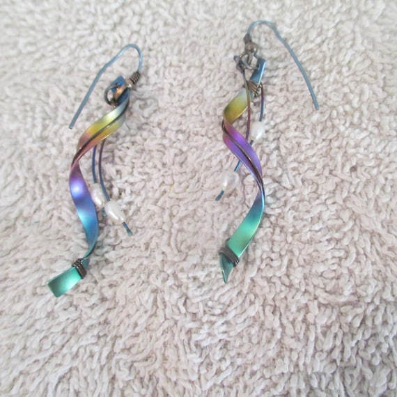 Rainbow Titanium Dangle Pierced Earrings by earlyatticvintage