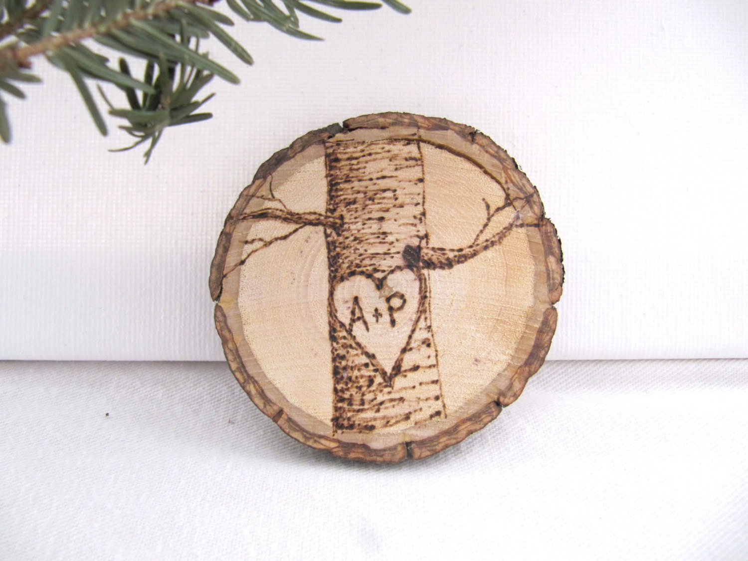 Wood Burned Pyrography Customized Initials in Tree Magnet Ornament - vermontpaul