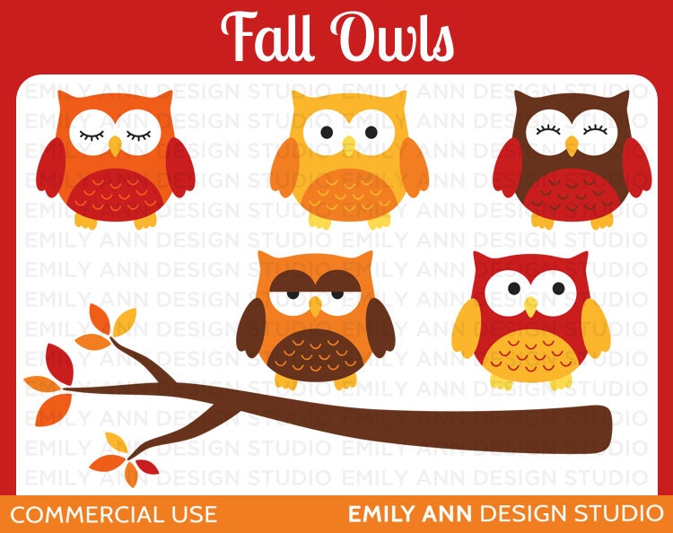 DOLLAR SALE Black Friday Cyber Monday - Owls Fall Autumn Cute Clip Art - red orange yellow brown - Commercial Use Il_570xn