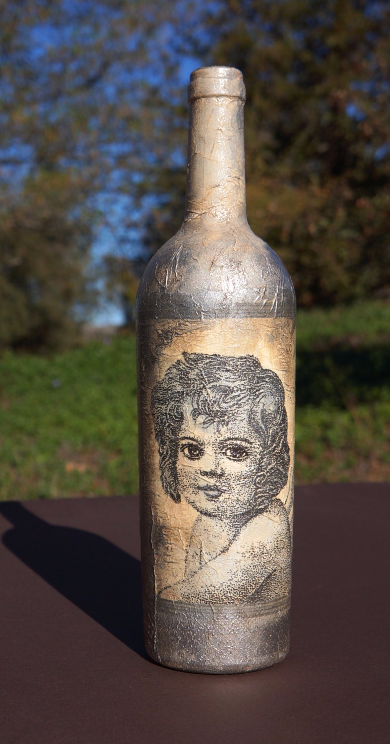 Lovely hand decorated glass bottle .Decoupage, painted.