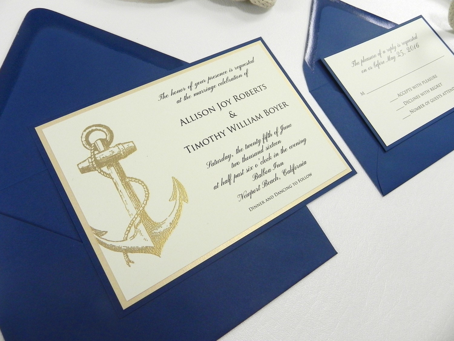 Nautical Wedding Invitation 4 PC Suite with Gold Embossed Anchor