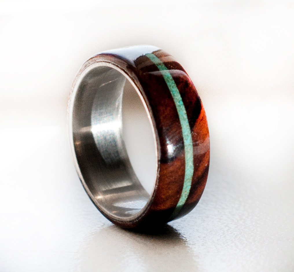 Wood Mens Wedding Band Ring Turquoise and wood ring Wood Ring Titanium ...