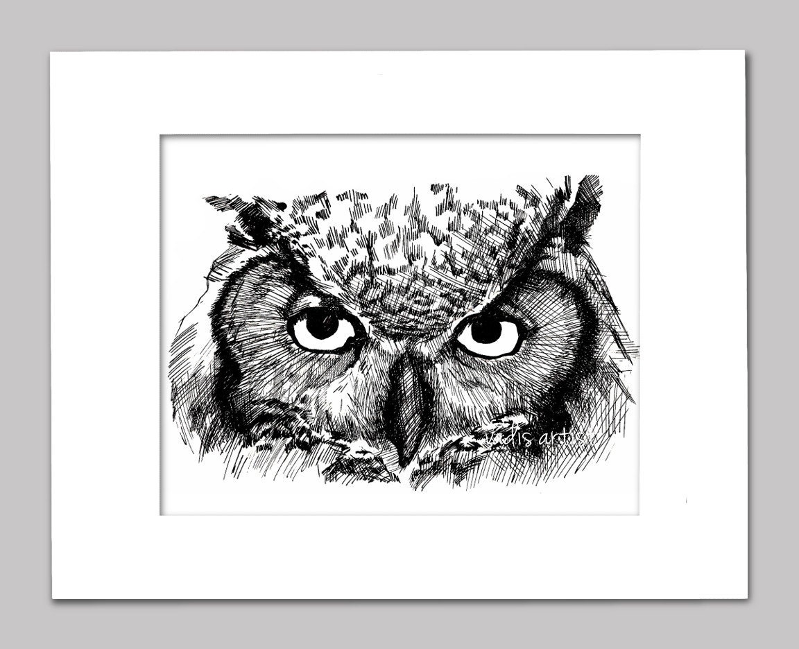 Pen and Ink Drawing Great Horned Owl Drawing Matted by VadisArtist
