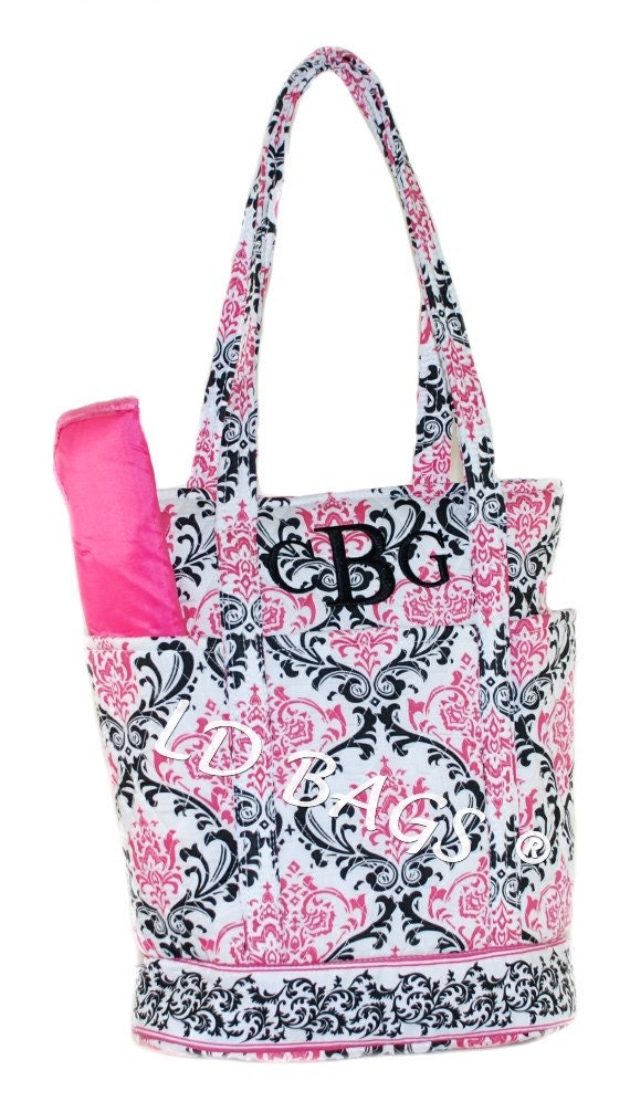 Hot Pink and Black Damask Quilted Diaper Bag by MonogramExpress