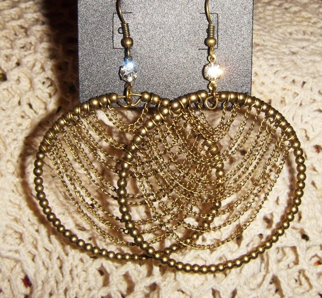 vintage lacy earrings - chains bronze large hoop beaded dangle earrings earthy oversize gold boho chic funky - LaceFancy