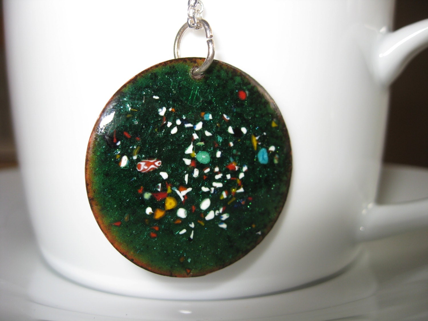 Handmade Green Enamelled Copper Pendant with Millefiori Glass - ScarletWolfJewellery
