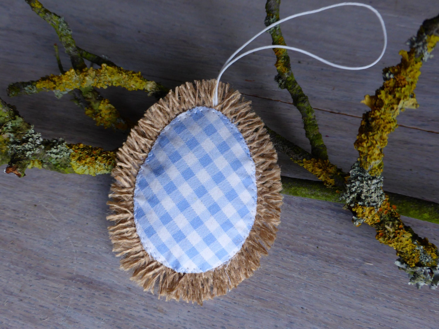Rustic burlap egg decorated with cotton white light blue gingham - Home Decor -