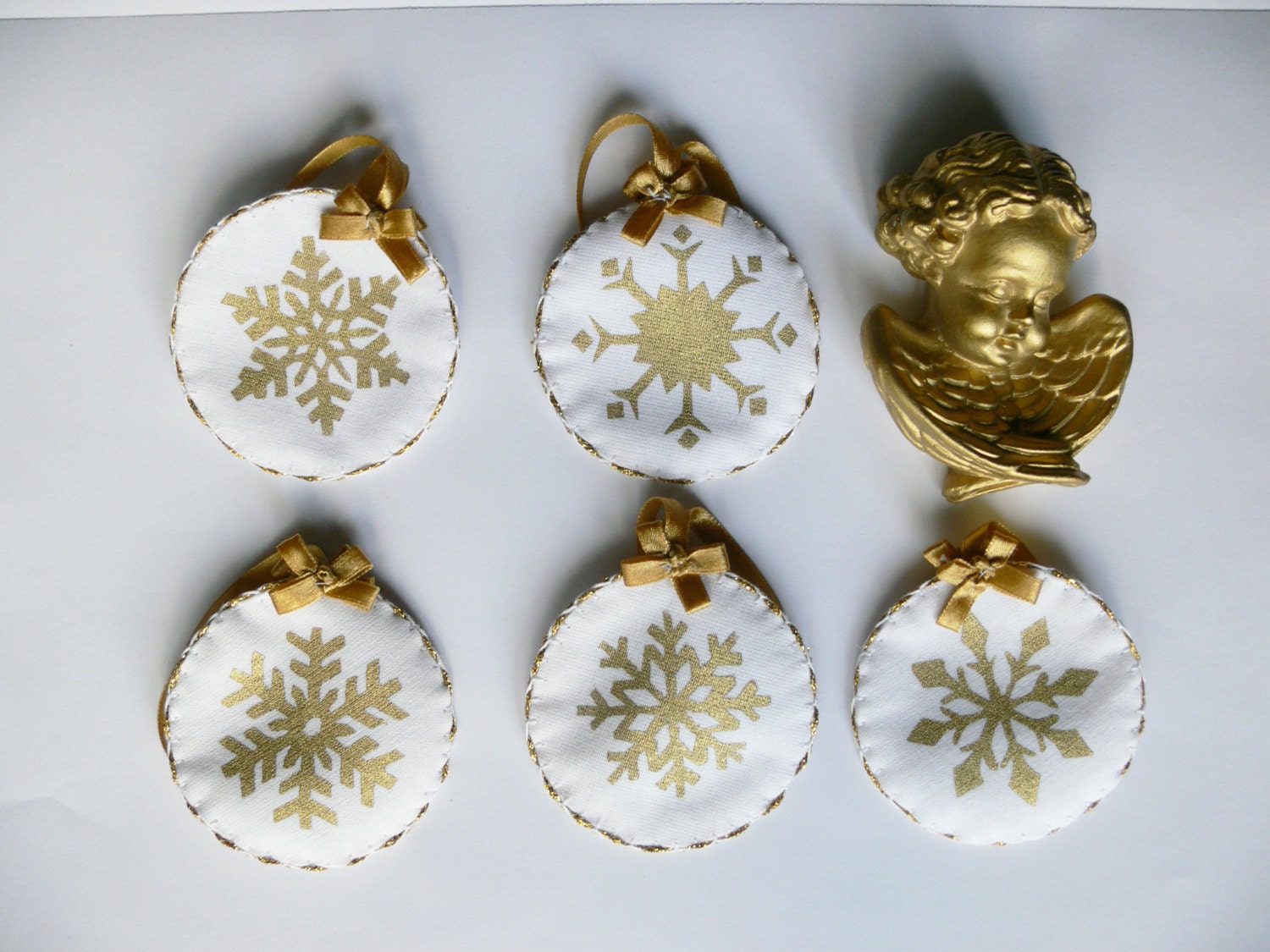 Set of Six  Fabric Christmas Ornaments, white fabric with gold snowflakes - HSHSTUDIO