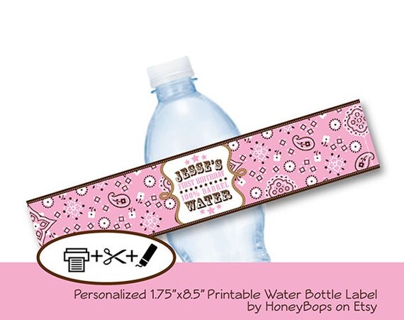 Pink Bandana, Cowboy Cowgirl Western Water Bottle Label for Birthday, Baby Shower - Custom Printable- Digital PDF file Il_570xn