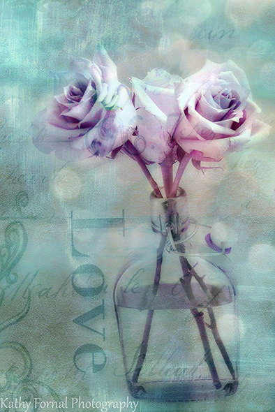 Floral Still Life Photography, Valentine Love Teal Floral, Dreamy Teal Aqua Roses Wall Decor, Romantic Cottage Pink Aqua Floral Wall Art - KathyFornal