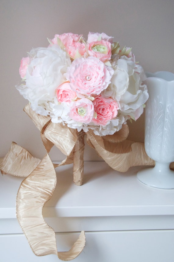 Ready to ship, blush gold wedding bouquet of paper ranunculus, paper hydrangea, upcycled Fabric peony SPRING 2014