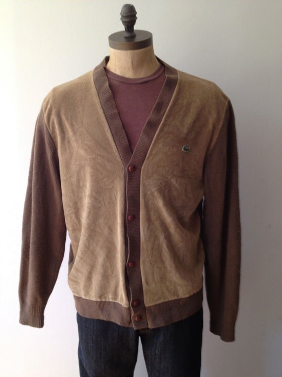 Vintage MENS Izod Lacoste tan and brown cardigan by pandaJpanda