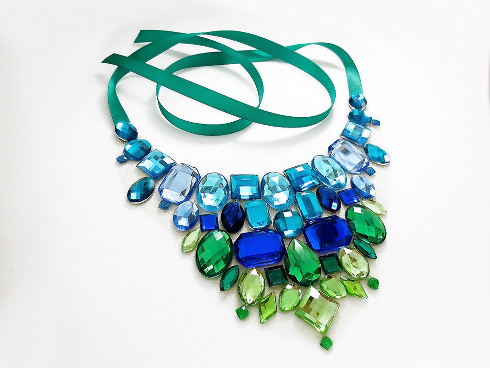Ombre Necklace, Blue and Green Rhinestone Statement Necklace, Sparkling Jeweled Bib Necklace, Variegating Jewelry - SparkleBeastDesign