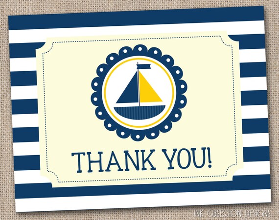 Printable Thank You Card Design - Yellow and Navy Blue Sailboat and Stripes INSTANT DOWNLOAD Il_570xn
