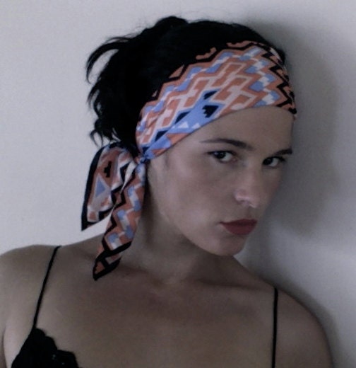 60s Geometric Print Scarf in Blue, Salmon, Black and White - kaytaInga 60s Geometric Print Scarf in Blue, Salmon, Black and White - kaytaInga