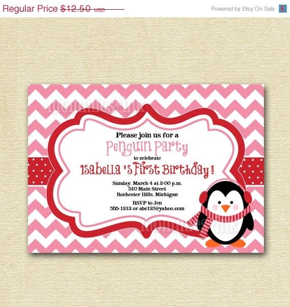 10% Off Holiday Sale Penguin Chevron Birthday Invite - Pink and Red or Teal and Red - PRINTABLE INVITATION DESIGN Il_570xn