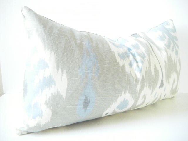 Gray white pillow cover, grey lumbar cushion cover, gray and white throw pillow cover, gray ikat pillows, periwinkle blue, white ikat, 12x22 - CityGirlsDecor