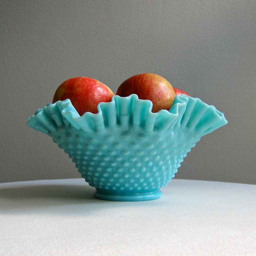Turquoise Blue Milk Glass Bowl by Fenton with Hobnail Pattern, 1950s Pastel Aqua