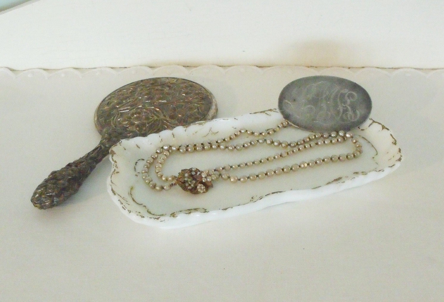 Victorian Gilt Milk Glass Dresser Tray by robinseggbleunest