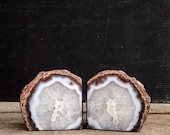 White and Grey Natural Agate Geode Book Ends, Sliced Geode, Rock, Natural Curiosity, Round Geode, Restoration Hardware, Cave, Crystal - pippamarxstudio