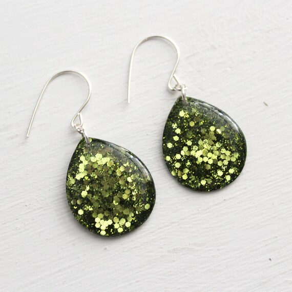 Green Glitter Resin Teardrop Earrings On Sterling By Tinygalaxies