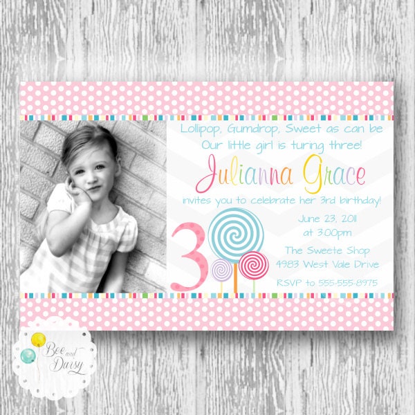 Lollipop Invitation for Birthday Party or Baby Shower - Girls DIY Printable Photo Candy Invite by BeeAndDaisy Il_570xn
