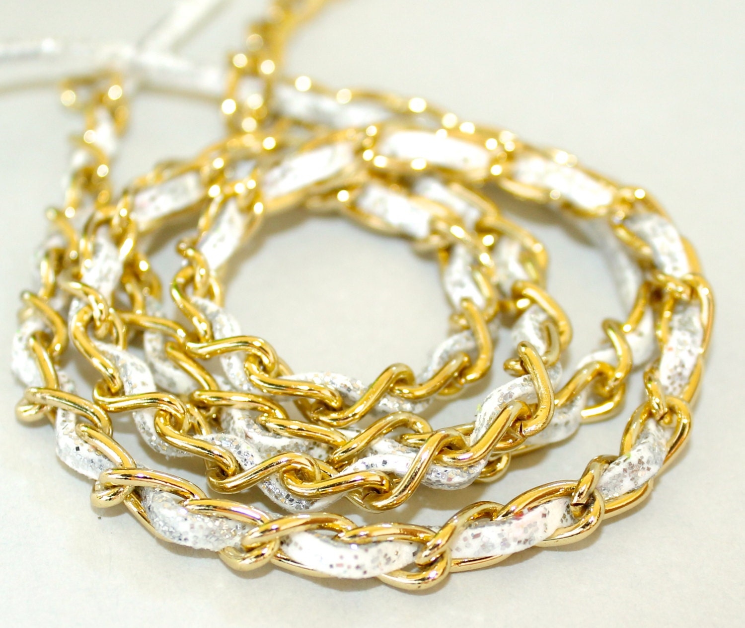 Painted Sil ver Glitter WHITE Faux Suede Weaved Unfinished Gold CHAIN ...