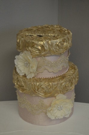 Blush pink and Gold wedding card box with lace, brooches, pearls and peonies