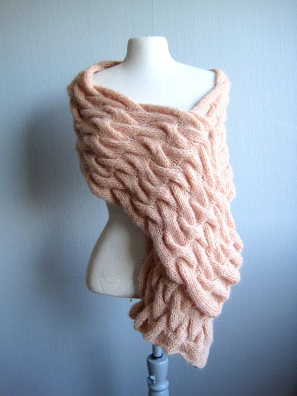 Pink scarf dusty pink handmade hand knit pink pale scarf cable knit wrap mother gift - woolpleasure