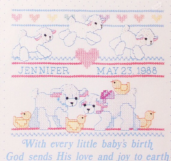 80s Personalized Stamped Cross Stitch Birth by OrangeDogVintage