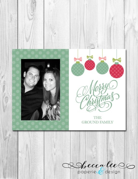 Printable Photo Holiday Card - Hanging Ornaments - Green Polka Dots - Merry Christmas - Customizable Il_570xn