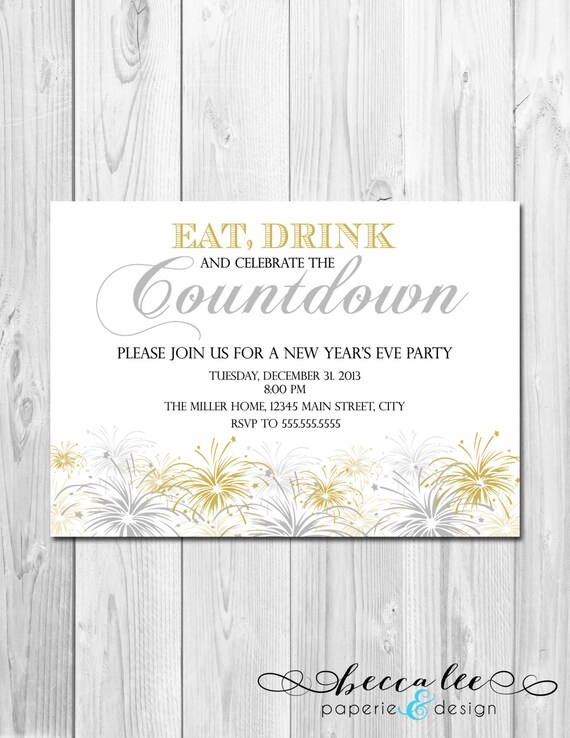 New Years Party Invitation - Eat Drink and Celebrate the Countdown - Black Silver and Gold - DIY - Printable Il_570xn